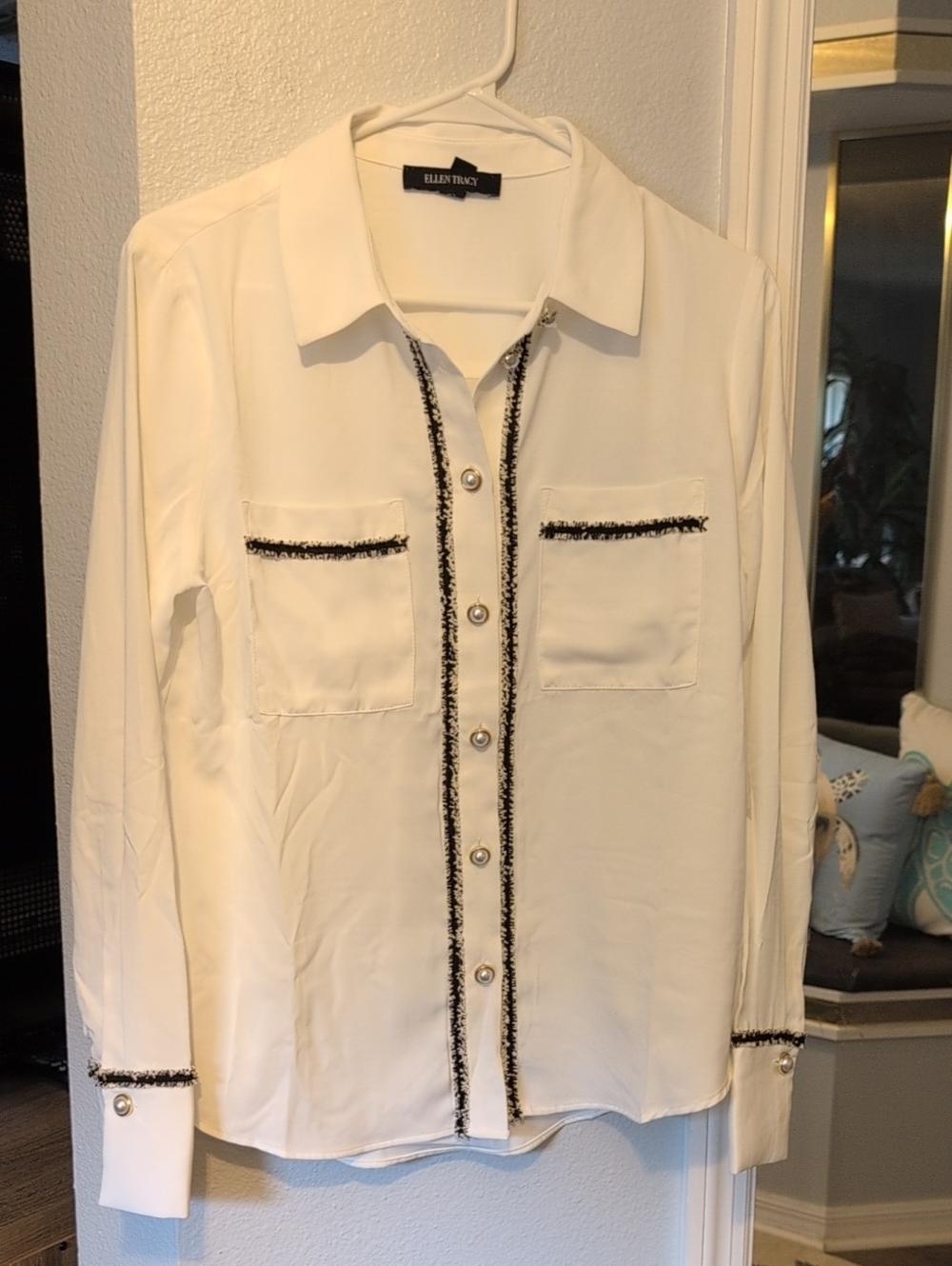 Ellen Tracy White Blouse with Black Trim and Pearl Buttons Brand New